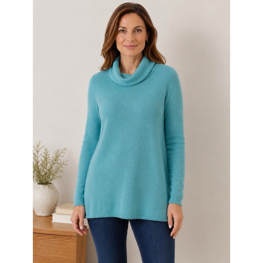 Talbots Pure Cashmere Sweater Women L Aqua Blue Cowl Neck Tunic 100% Cashmere